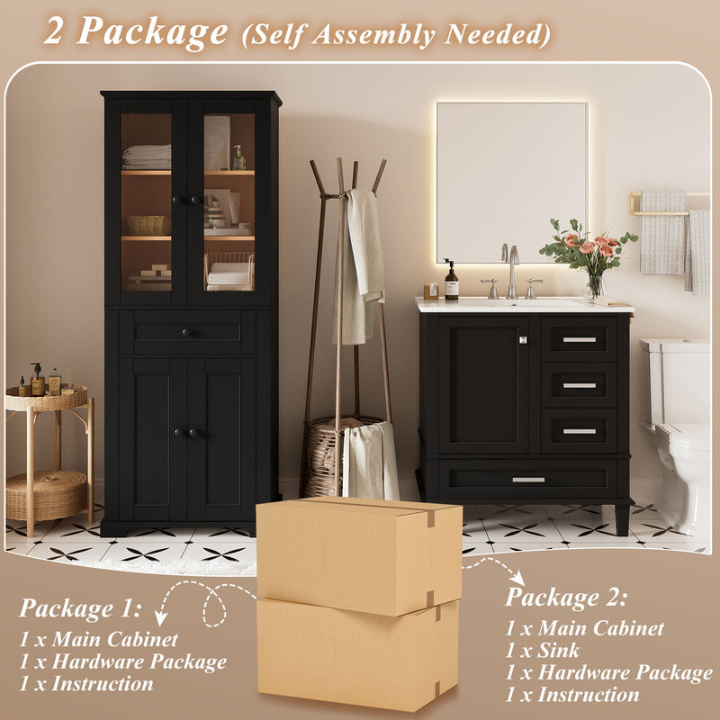 Bathroom Vanity & Tall Storage Cabinet Set With Doors, Adjustable Shelves, Soft Close Hinges, Sink