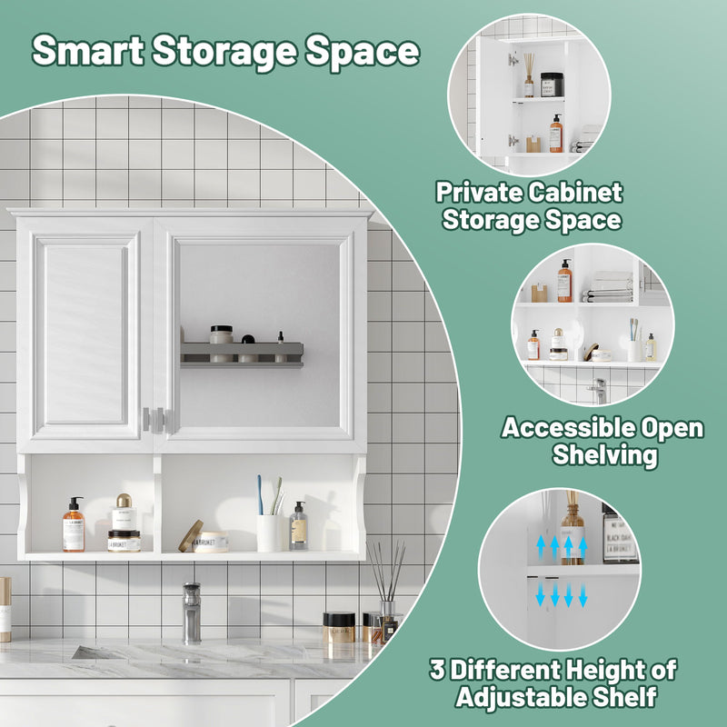 Wall Mounted Mirror Medicine Cabinet, Bathroom Storage With Doors And Open Shelves