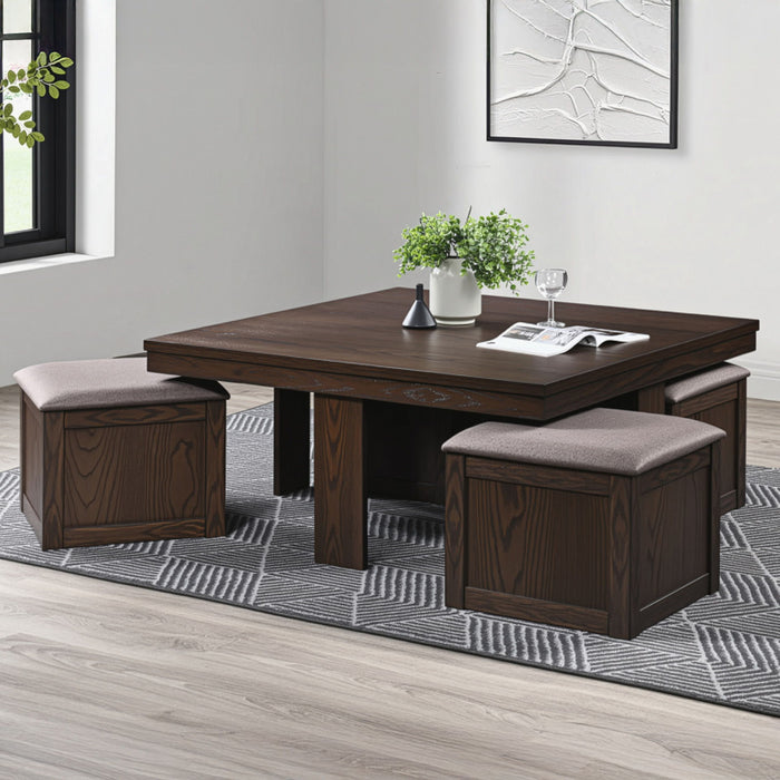 Paxton - 5 Piece Living Room Set (Storage Coffee Table With 4 Tuck-In Ottomans) - Dark Brown