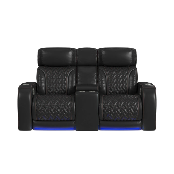 Prime Time P3 Loveseat with LED, wireless charger pocket, and Console in Jett Black with Red Stitching