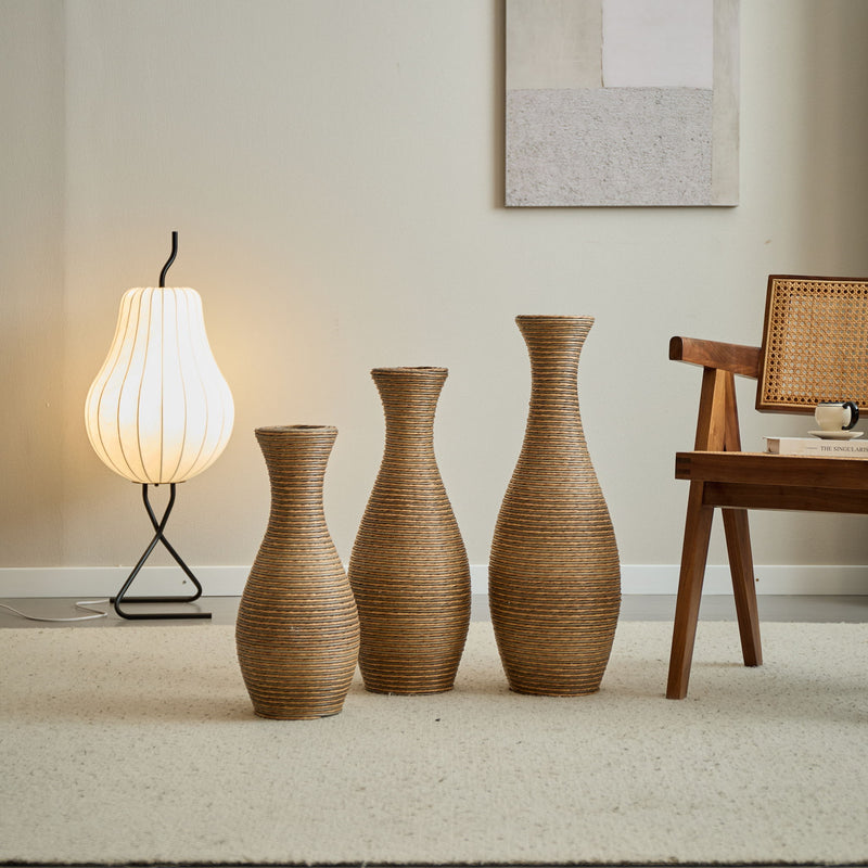 3 Piece Artificial Rattan Floor Vase Set Decorative Accent For Living Room, Hallway & Entryway, Ideal For Dried Or Silk Flower Arrangements - Beige