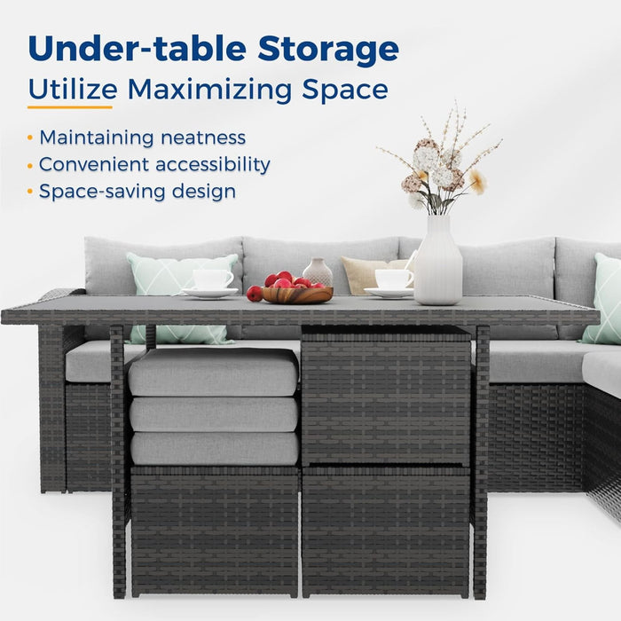 7 Piece Outdoor Dining Set With Cushions, Modular Sectional Sofa And Table