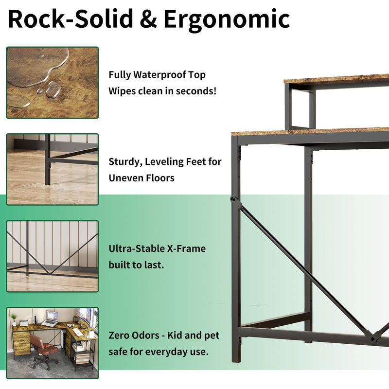 Industrial L Shaped Desk With Power Hub With 6 Drawers And Adjustable Monitor Stands - Brown