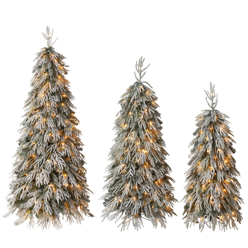 Snowy Cascading Christmas Trees 3 Piece Set With Warm LED Lighting, Flocked Weeping Branches, Multi Level Indoor Decor - Green