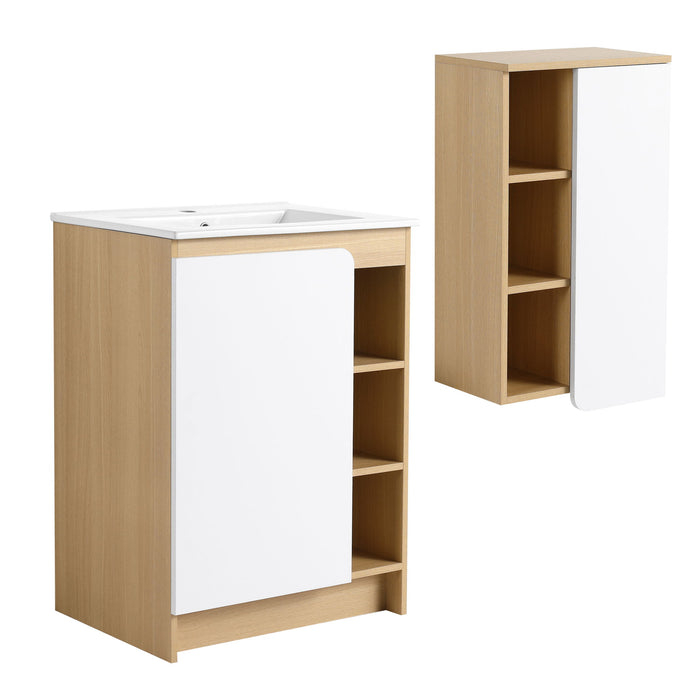24" Bathroom Vanity With Sink & Wall Mounted Side Cabinet, Vanity Set With Thin Edge Sink, Interchangeable & Door Panels, Open & Hidden Storage - Black / Light Oak / White