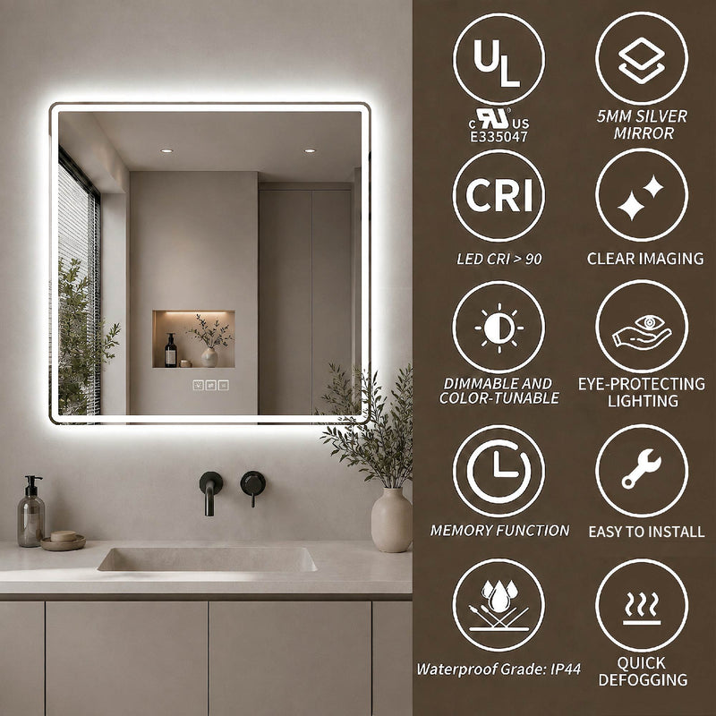 36 X 36 LED Bathroom Mirror With Dimmable Frosted Light Band, 3 Color Temperatures, Anti Fog, Memory & Auto Off - Silver
