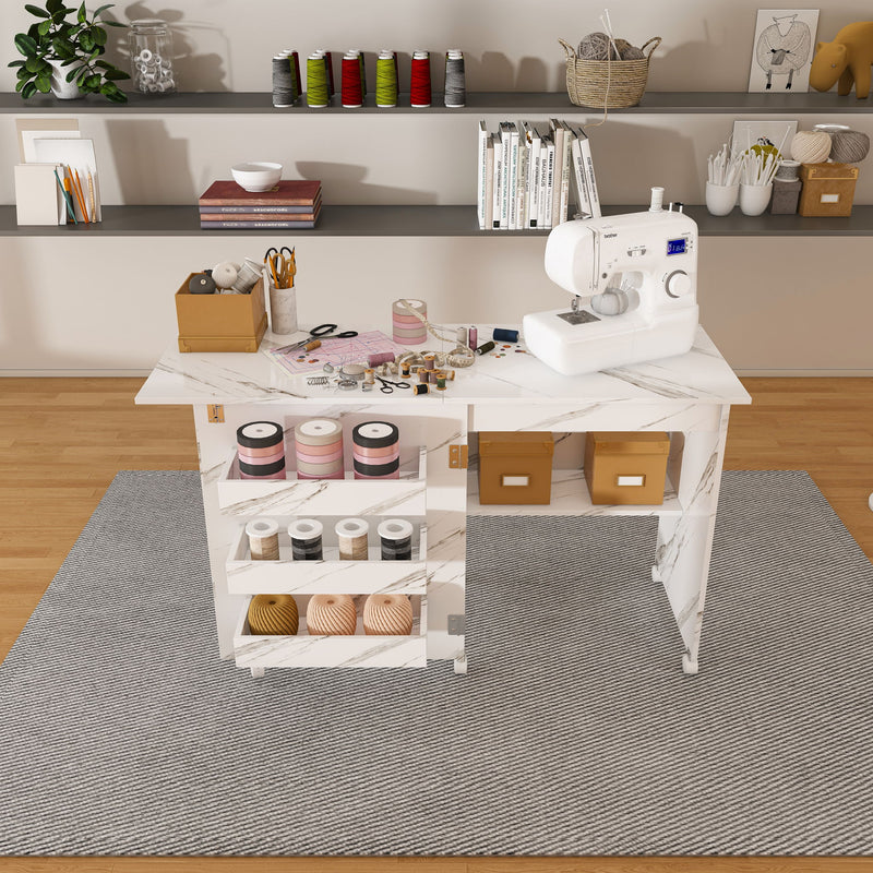 4 In 1 Folding Sewing Table With Lockable Wheels, Multi Functional Craft Station - White