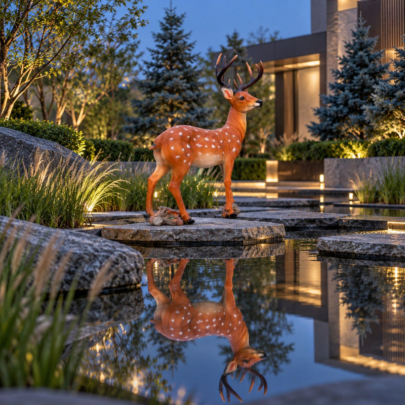Lifelike Deer Statue With Detachable Antlers, Outdoor Garden Decor - Brown / Yellow