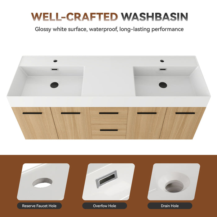 Floating Double Sink Bathroom Vanity With Drawers And Doors, Extra Large Storage, Integrated Sink, Soft Close Hardware - Glossy White / Light Oak
