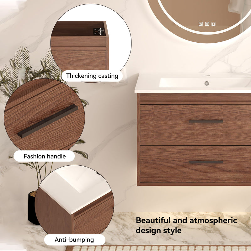 Wall Mounting Bathroom Vanity With Soft Close 2 Drawer, Sink - Reddish Brown
