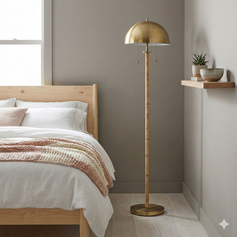 Allure - 2 Light Floor Lamp, Gold, Natural Tube, Double On / Off Pull Chain - Gold / Rattan