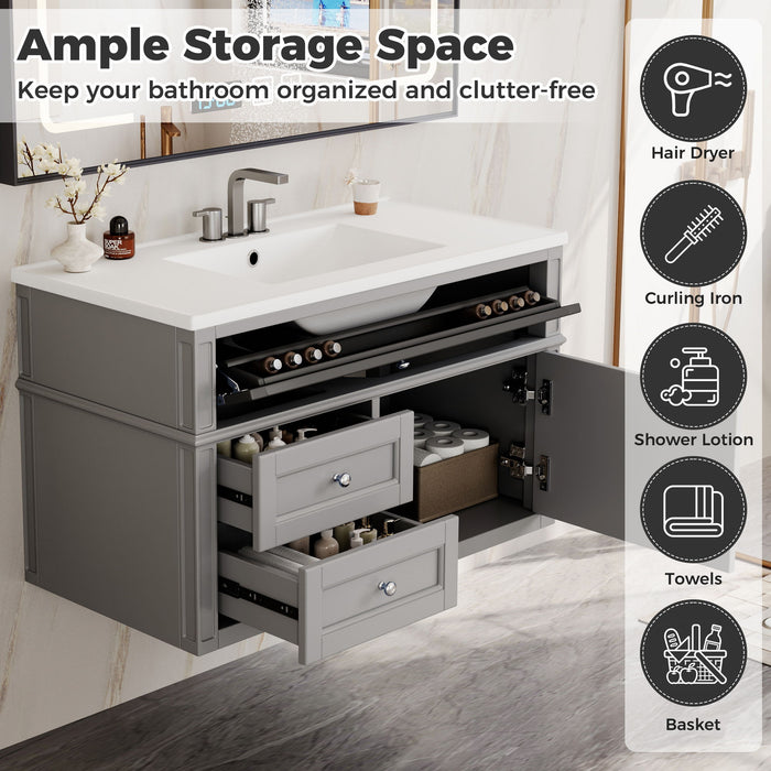 Modern Wall Mounted Floating Cabinet With Double Drawer And Sink