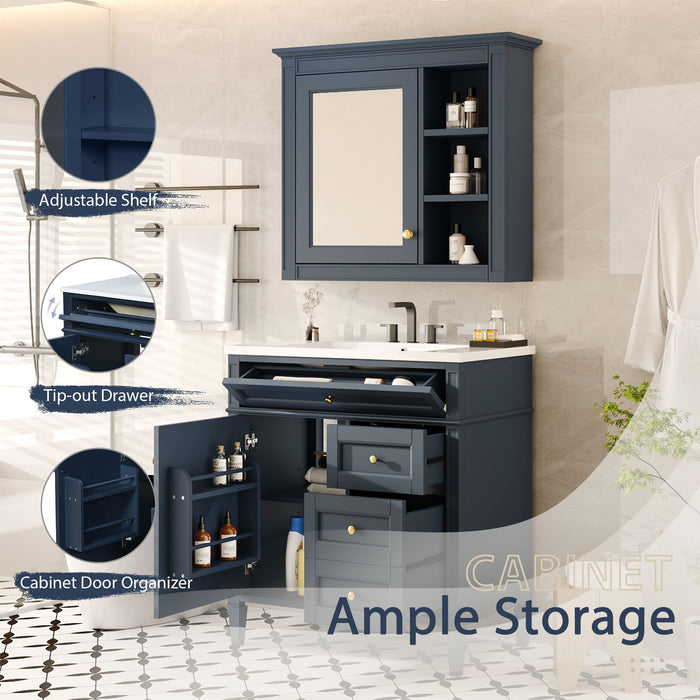 Bathroom Vanity With Top Sink, 2 Doors And 3 Drawers, Freestanding Set With Mirror Cabinet