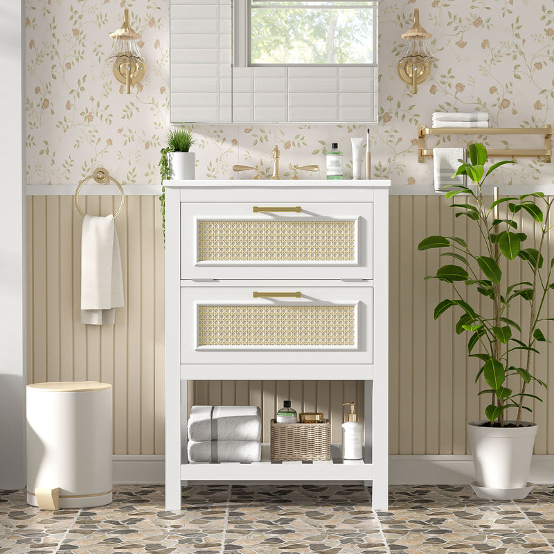 Modern Bathroom Vanity With Integrated Sink, Cabinet With 1 Deep Drawer And 1 Tip-Out Drawer