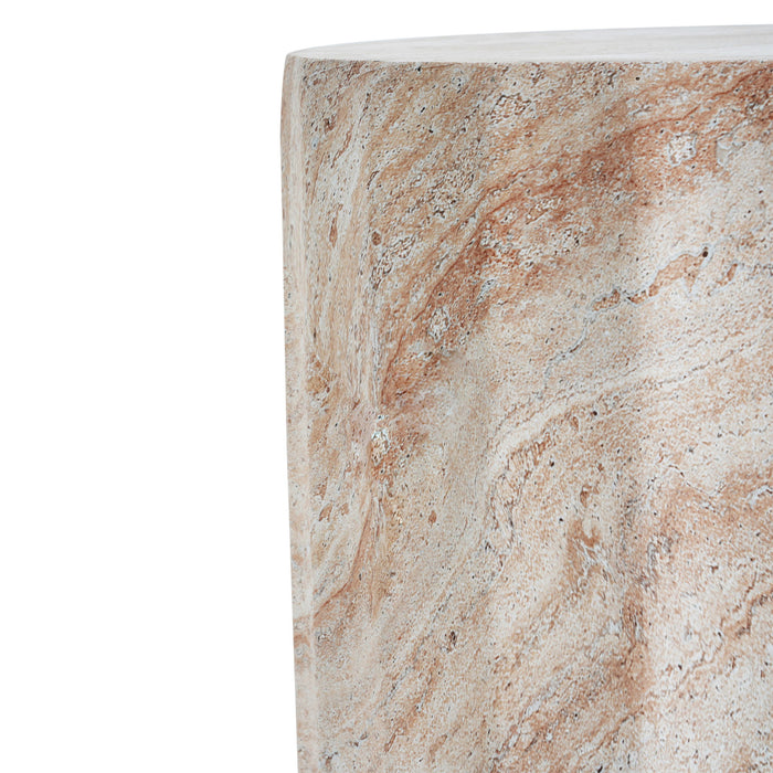 Outdoor / Indoor Lightweight Concrete Side Table, Cylinder Travertine Finish Accent Table - Beige