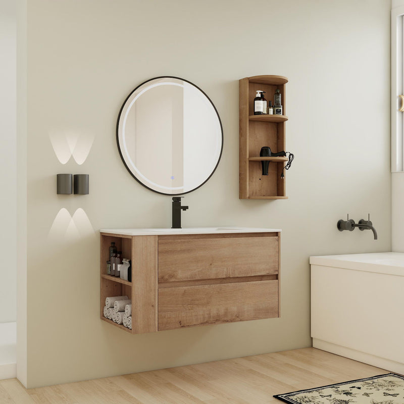 Modern Wall Mounted Bathroom Vanity With Ceramic Sink And Storage Rack, 2 Soft Close Drawers