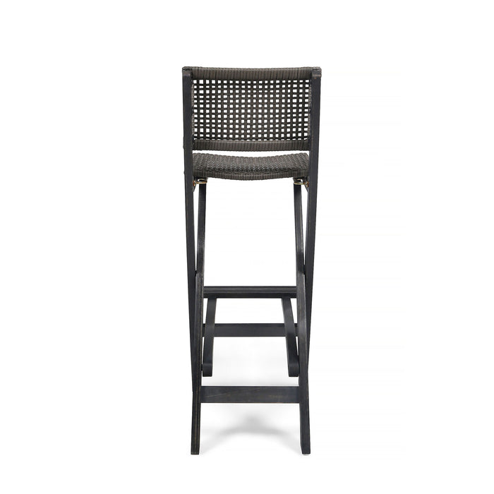 Outdoor Folding Acacia Wood Barstools With Rattan Backrest And Seat, (Set of 2) - Dark Gray