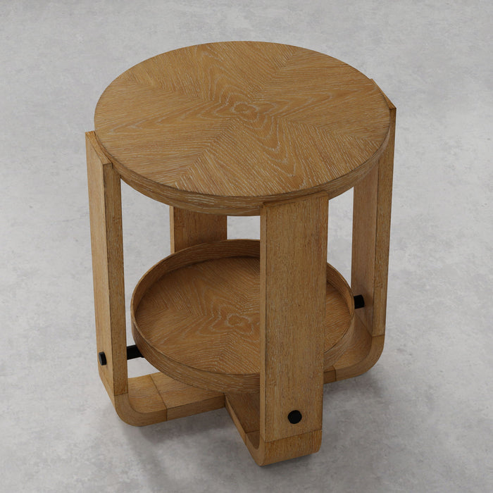 Escape - Round End Table With Shelf - Glazed Natural Oak / Black Metal Trim