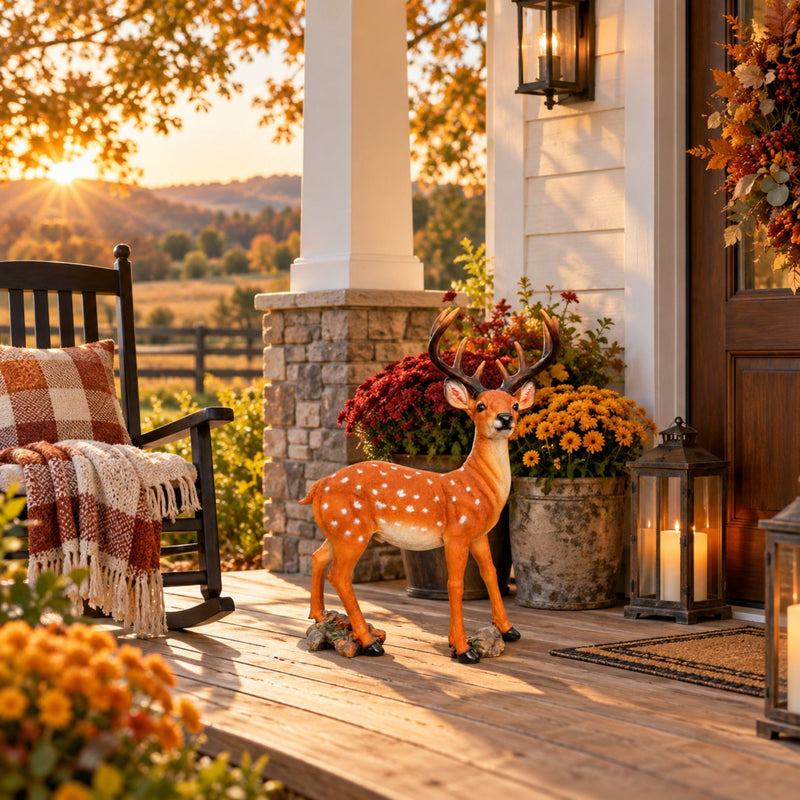 Lifelike Deer Statue With Detachable Antlers, Outdoor Garden Decor - Brown / Yellow