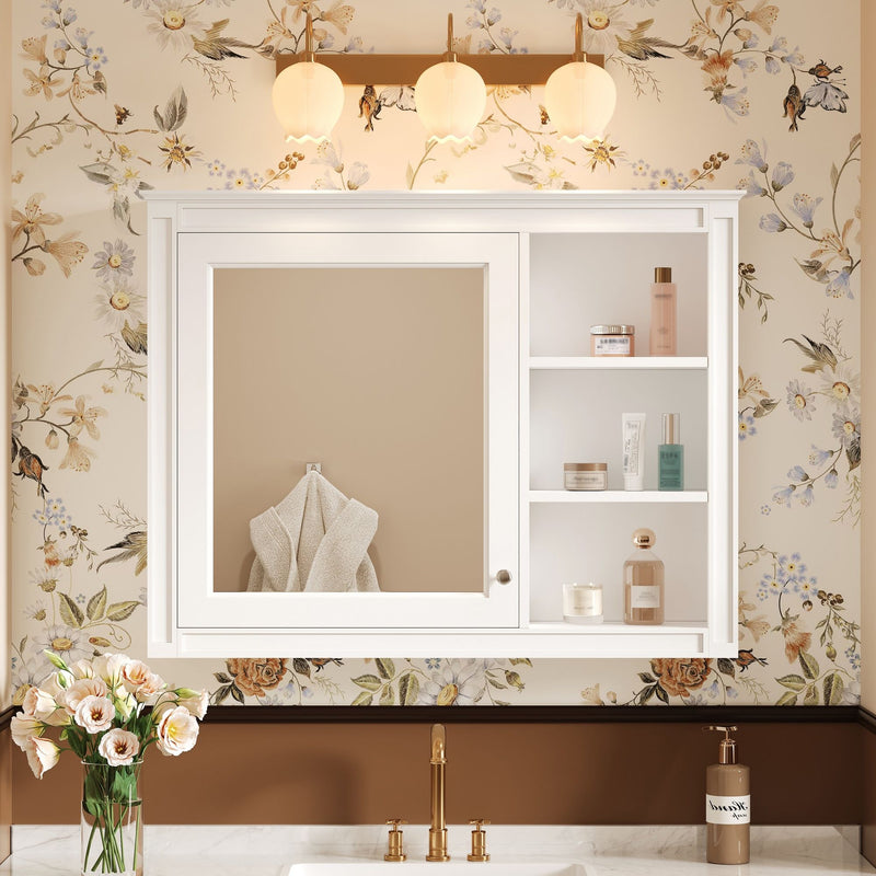 Wall Mounted Medicine Cabinet With Mirror, Adjustable Shelf - White