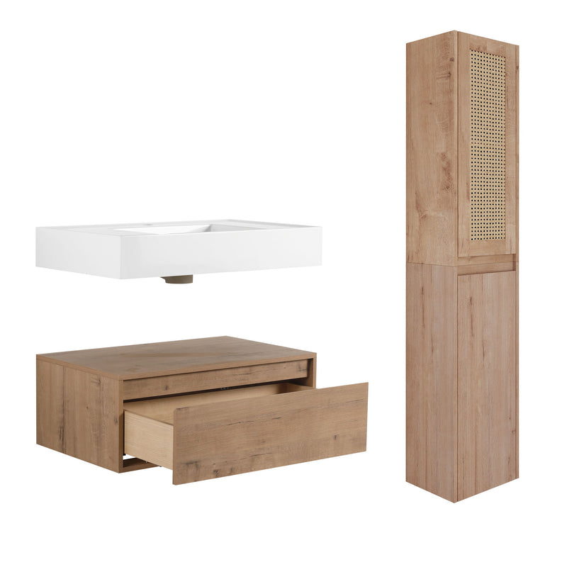Contemporary Wall Mounted Bathroom Vanity With Resin Sink And 2 Side Cabinet - Imitative Oak