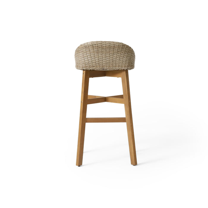 Beeson - Outdoor Wicker And Acacia Wood Barstools Set, Water Resistant - Brown