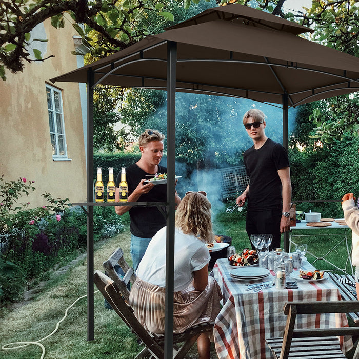 Outdoor Grill Gazebo With Double Tier Soft Top Canopy, Steel Frame, Bar Counters & Hook
