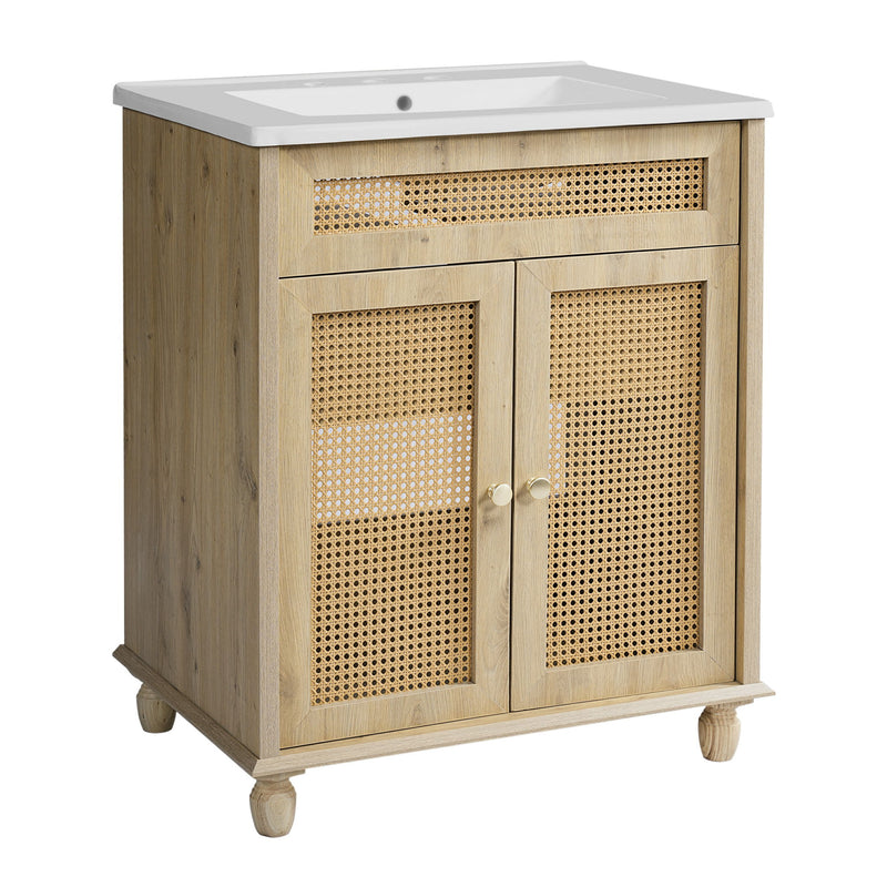 Bathroom Vanity With Handwoven Rattan Doors, Resin Basin - Natural Wood