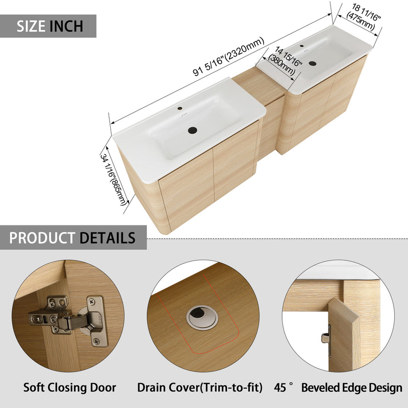 92" Freestanding Bathroom Vanity With Sink, 1 Small Storage Cabinet, Soft Close Door - Ameican White Oak