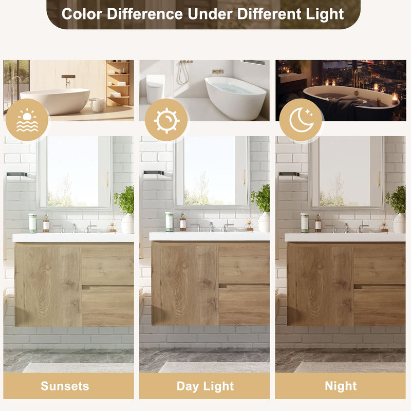Double Sink Bathroom Vanity, Cabinet & Soft Close Doors, Divided Drawers, Wall Mounted Storage - Wood