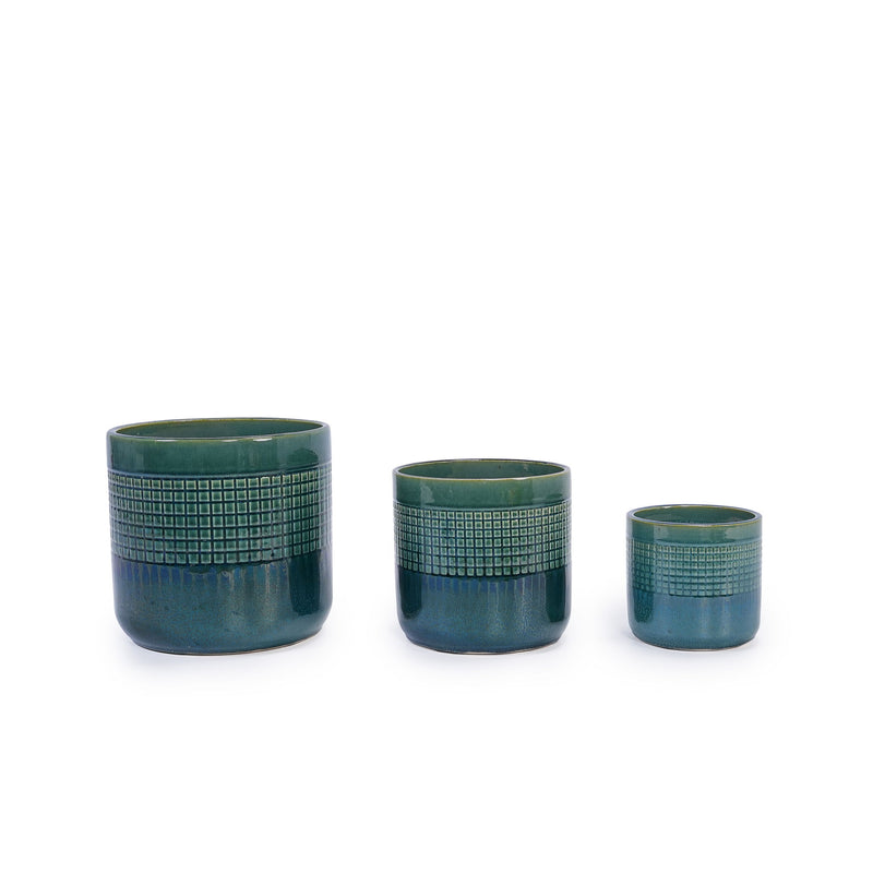 Grid Flowerpot (Set of 3), Planter For Patio, Garden, Windowsill - Blue / Green