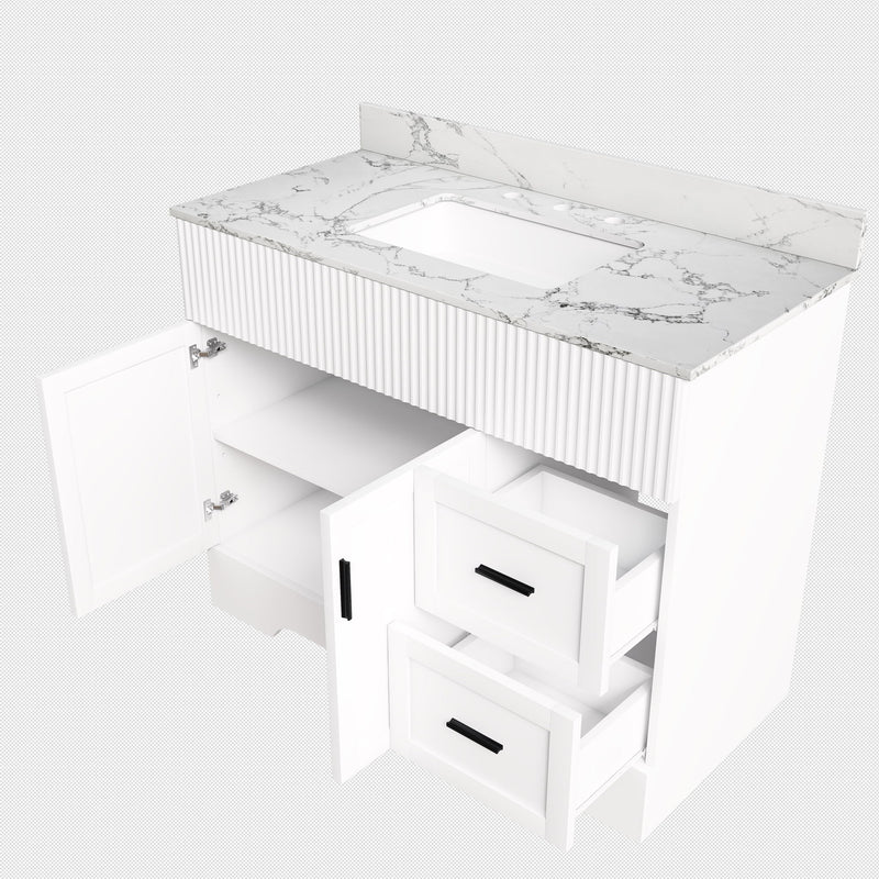 Bathroom Vanity Set, Fluted Cabinet, Soft Close Doors & Drawers, 3 Faucet Holes, Sink Included - White
