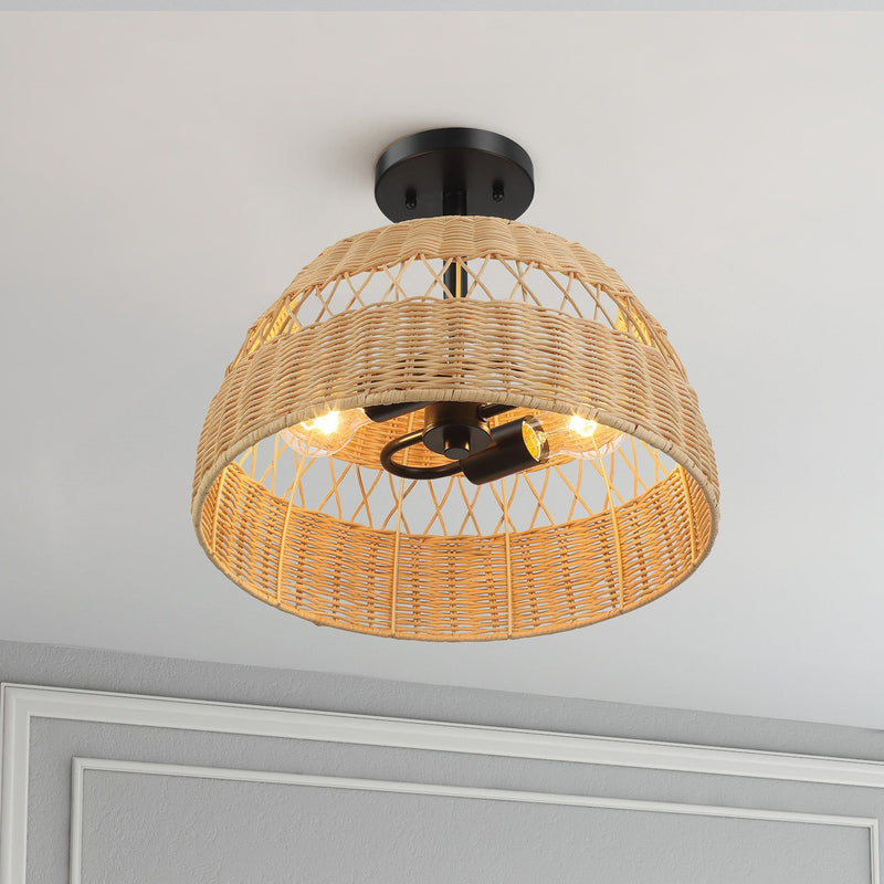 Twinkle - Double Lights Semi Flush With Shade - Black / Rattan