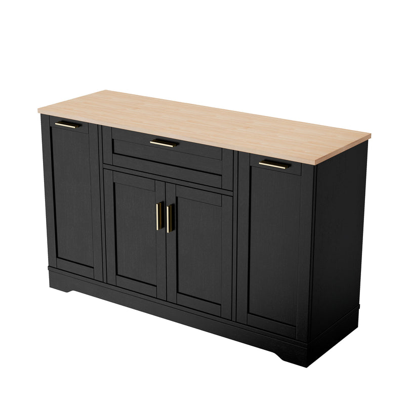 Trexm Multi-Functional Storage Sideboard, Extendable Dining Table, Adjustable Shelves, 3-Tier Pull-Out Rack, Kitchen Island Storage For Kitchen, Dining Room, Living Room (Black)