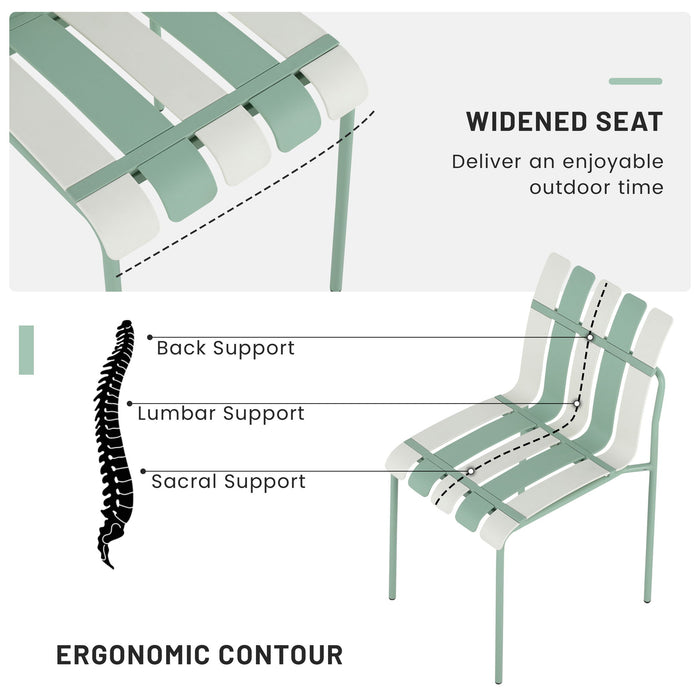 4 Piece Set Of Striped Color Blocking Single Chairs With Long Table - Cream White / Haze Green / White
