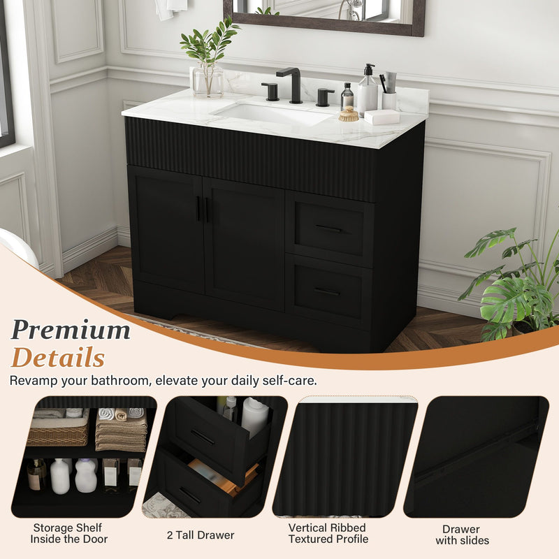 Bathroom Vanity Set, Fluted Cabinet, 3 Faucet Holes, Sink Included - Black