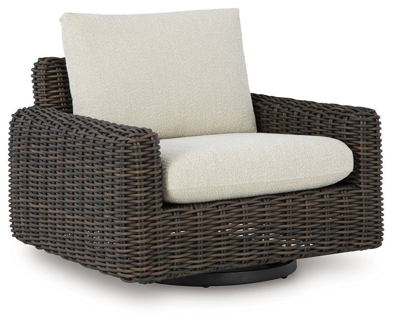 Kimora - 4 Pc. - 4-Piece Outdoor Sectional, Swivel Glider Lounge, Cocktail Table, End Table - Beige / Dark Brown