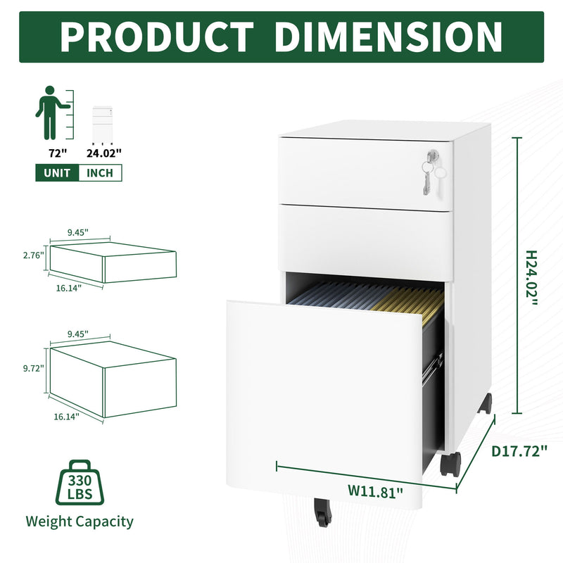 3-Drawer Mobile File Cabinet With Lock, On Wheels, Two Shallow & One Deep Drawer For Office/Home, Fully Assembled - White