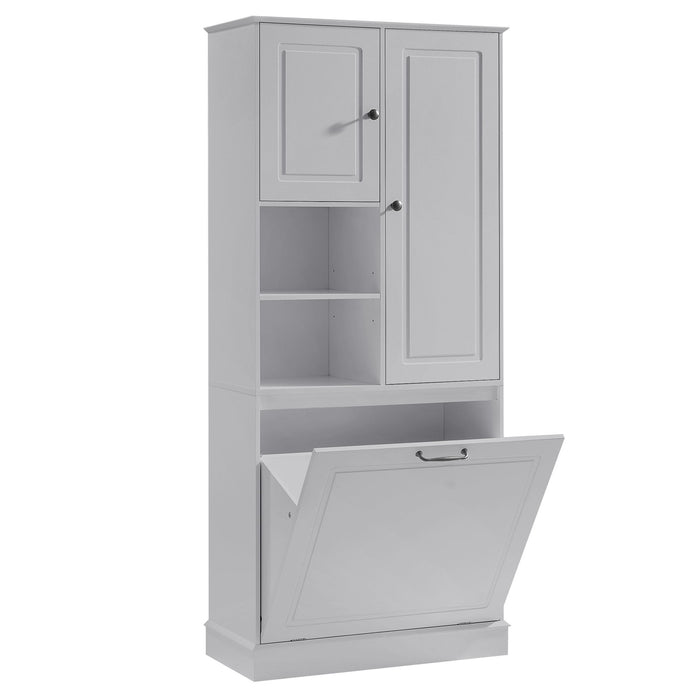 Modern Tall Storage Cabinet With Adjustable Shelves, Flip-Out Basket & Enclosed Doors