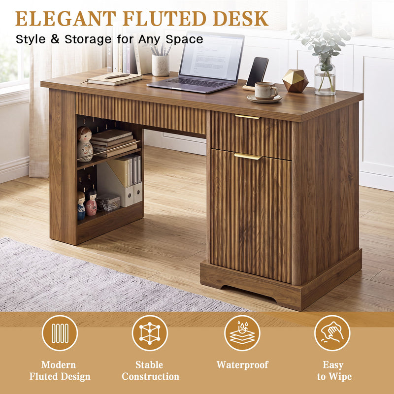 Modern Fluted Office Desk With Storage Cabinet