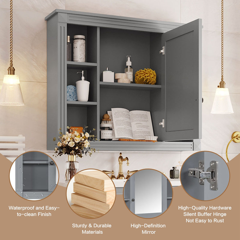 Wall Mounted Bathroom Storage Cabinet With Mirror, Cabinet With 6 Open Shelves And Adjustable Interior