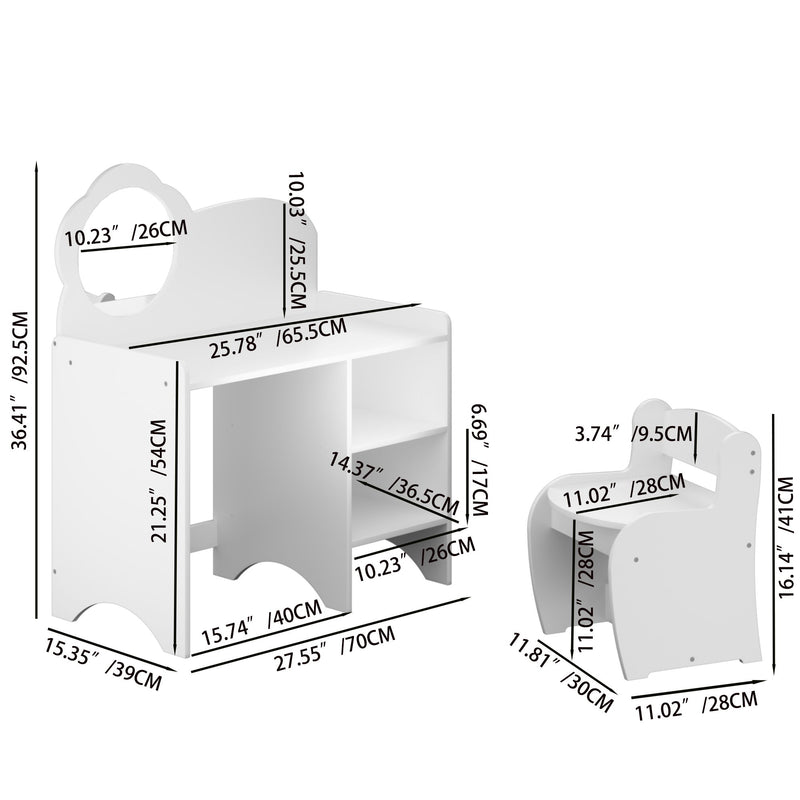 Kids Vanity Table With Mirror And Chair, Dressing Makeup Desk With Storage Shelves - White
