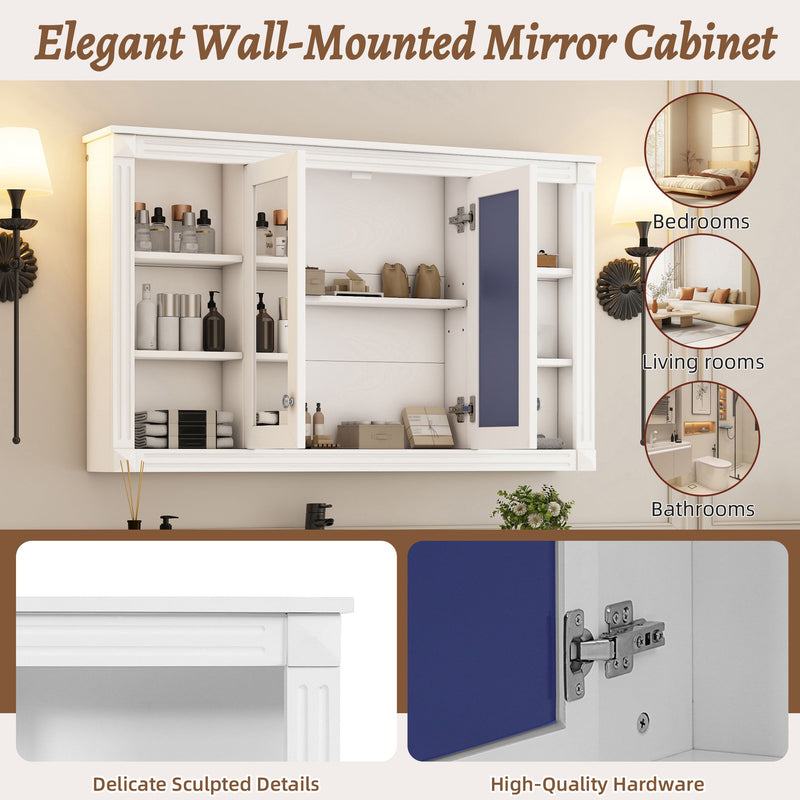 Wall-Mounted Mirror Cabinet With Adjustable Shelf And Open Shelves