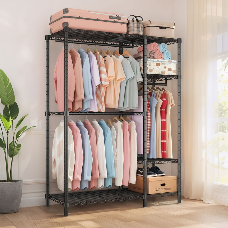 Freestanding Clothes Rack, With 6 Adjustable Wire Shelves And 3 Garment Rails - Black