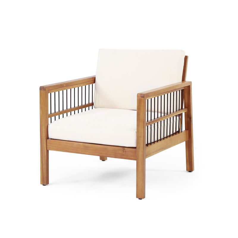 Club Chair With Slat Panel Design - Teak / Beige