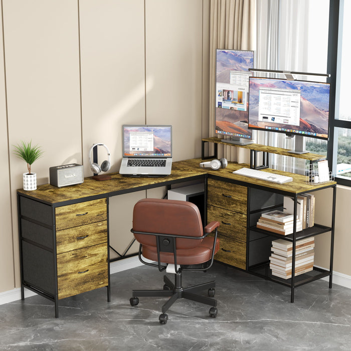 Industrial L Shaped Computer Desk With Power Outlets & USB-C, 6 Fabric Drawers, 3 Open Shelves, Movable Monitor Stands - Brown