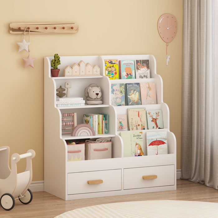 Bookshelf With 2 Storage Drawers, Front Facing Bookcase And Toy Organizer, Multi Tier Reading Shelf - White