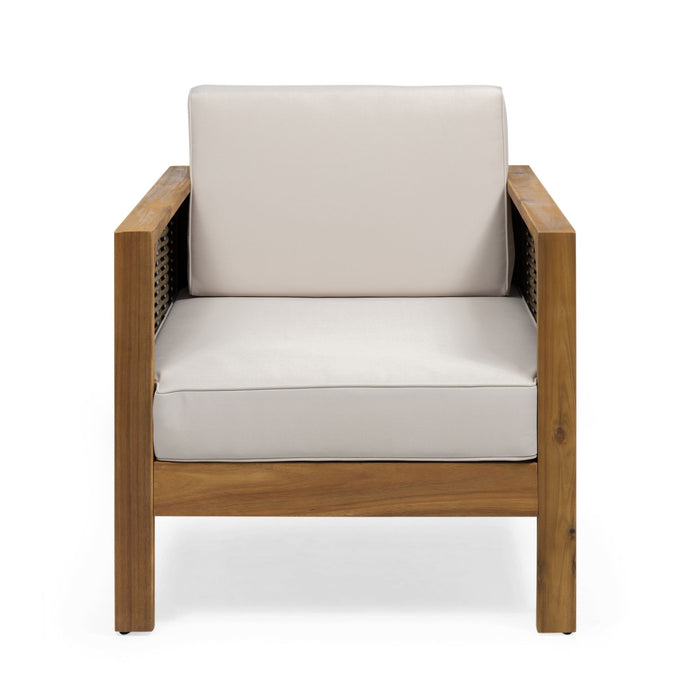 Outdoor 4 Seater Acacia Wood Chat Set With Wicker Accents And Cushions - Teak / Mixed Brown / Beige