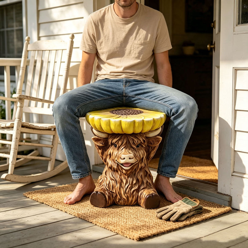 14'' Brown Highland Cow Stool With Yellow Sunflower Top, Cute Farm Animal Side Table Decor, Indoor & Outdoor Creative Figurine Seat For Patio, Garden, Living Room Home Decor