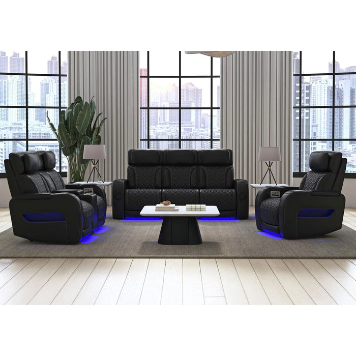 Prime Time P3 Recliner with LED and wireless charger pocket in Jett Black with Red Stitching